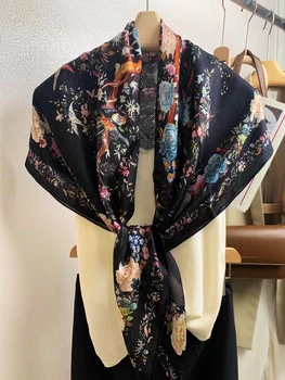 BYSIFA|Negru Doamnelor 100% Mătase Eșarfă Șal de Primăvară Nouă Florale Pătrat Eșarfe de Iarnă Marca Pură Eșarfă de Mătase Cape Foulard 110*110cm